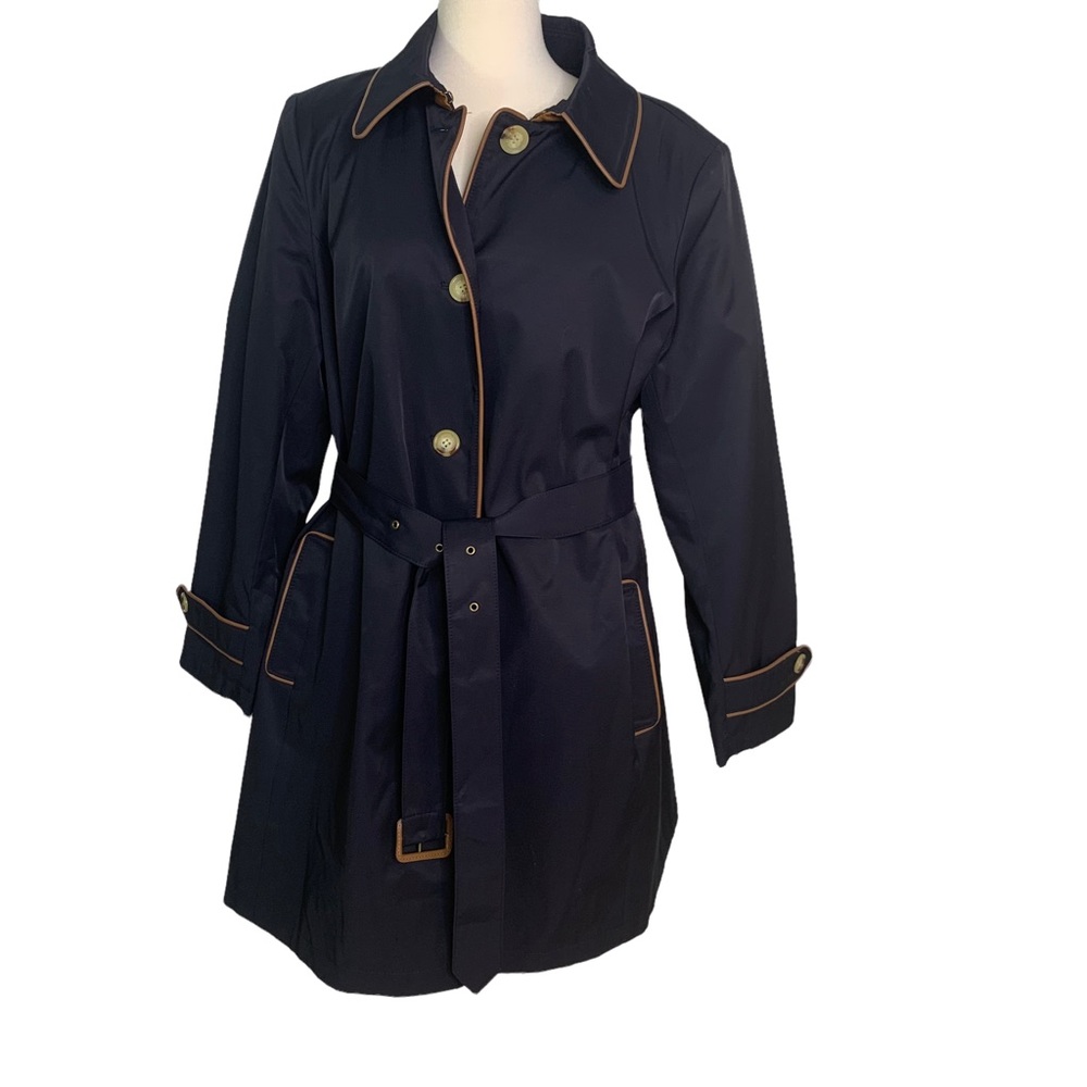 Lauren Ralph Lauren Trench Coat with Faux Leather Trim Navy 1X NWT - Picture 4 of 13